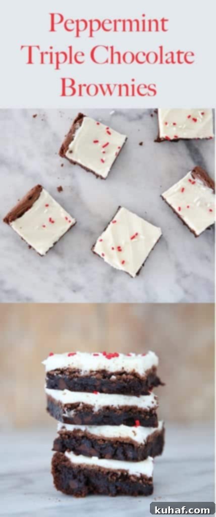 These Peppermint Triple Chocolate Brownies are rich, decadent and festive! Chewy brownies topped with an easy peppermint frosting!
