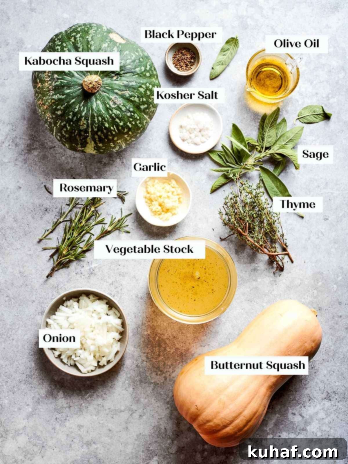Ingredients displayed together before cooking: raw squash, onion, garlic, sage, and olive oil.