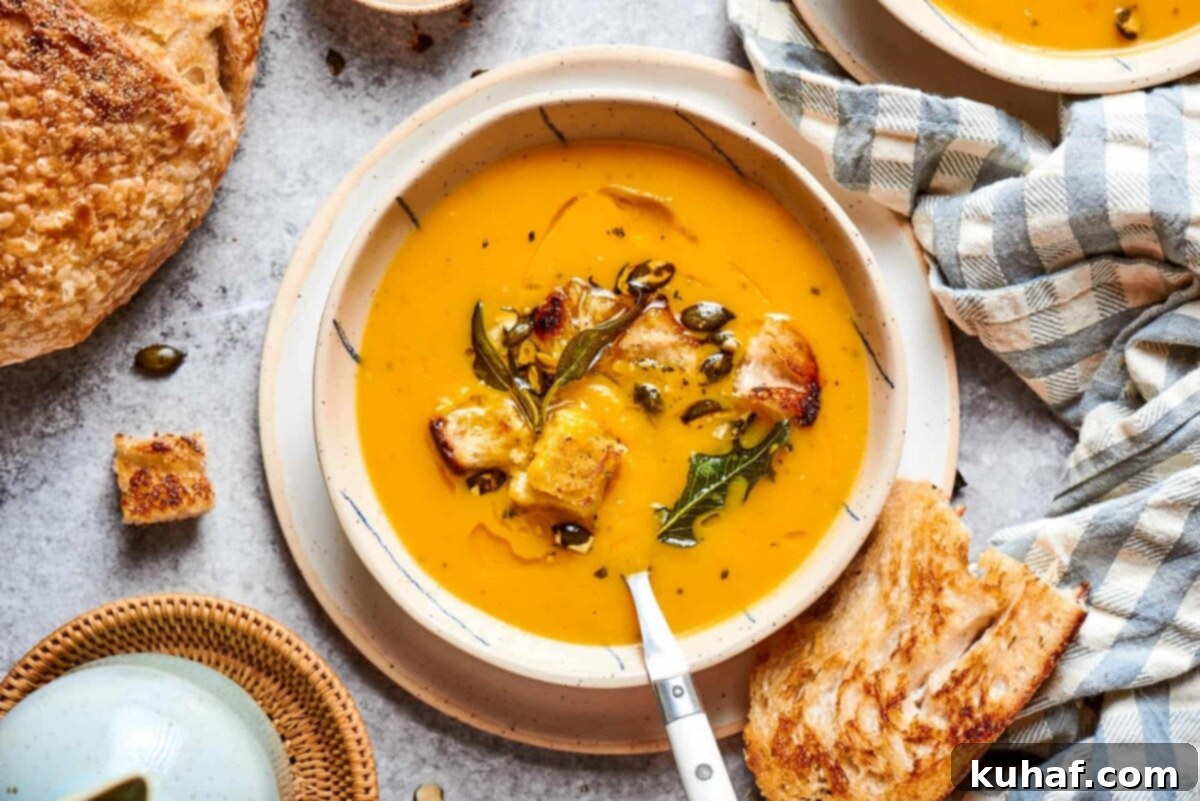 Bowl of deep orange squash soup highlighting rich roasted color.