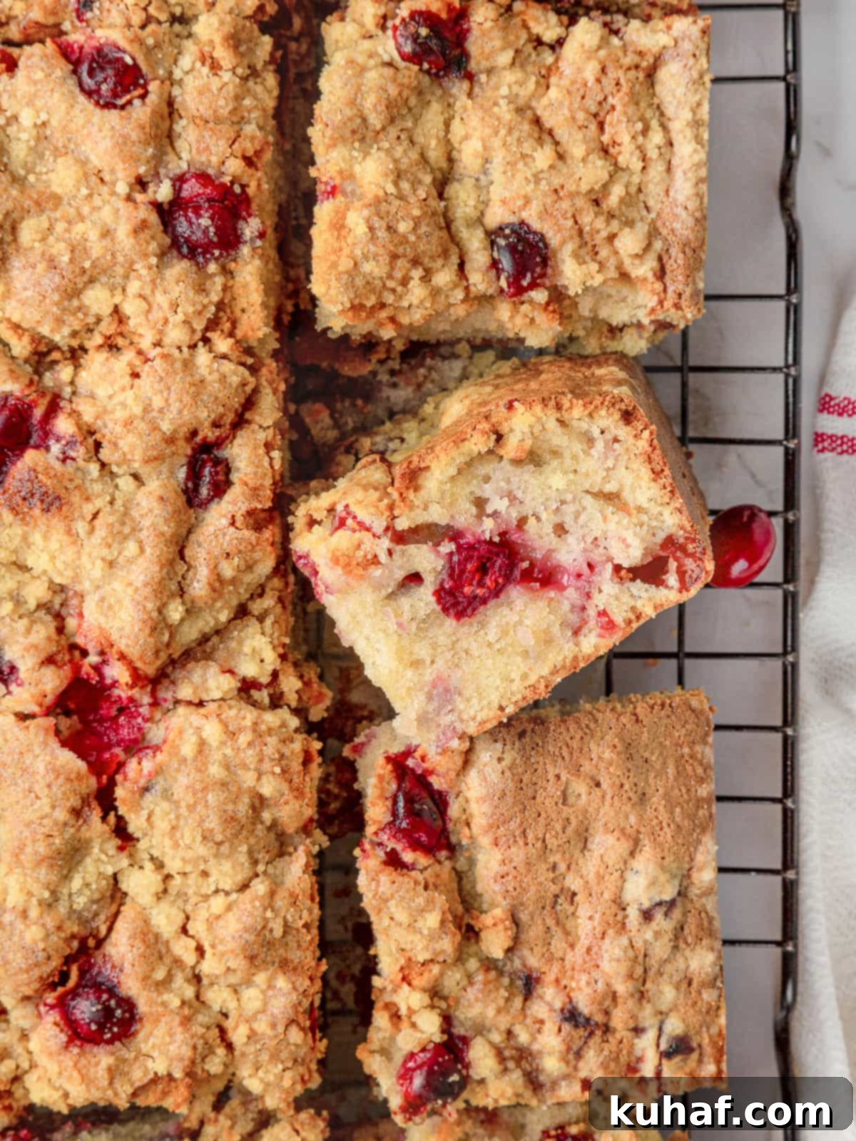 Cranberry cake resting on a cooling rack after baking with streusel crumbs scattered below.