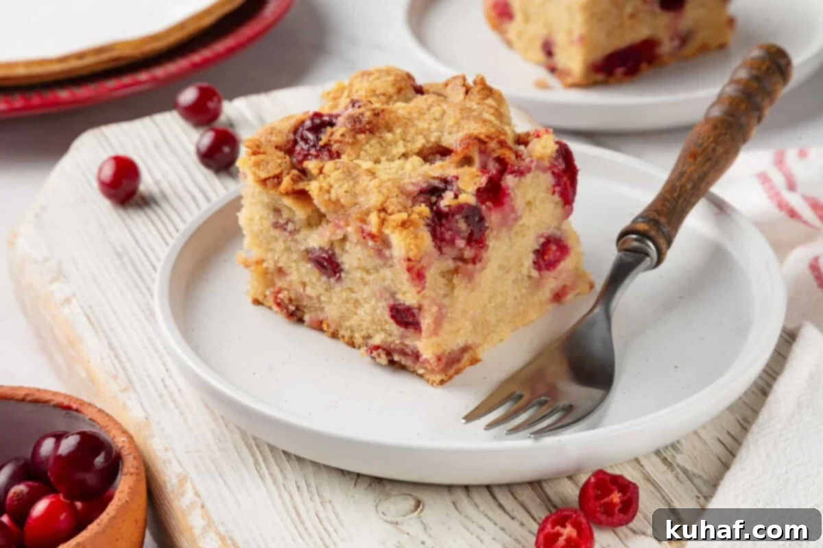 Slice of cranberry cake on a white plate showing tender crumb and baked cranberries.