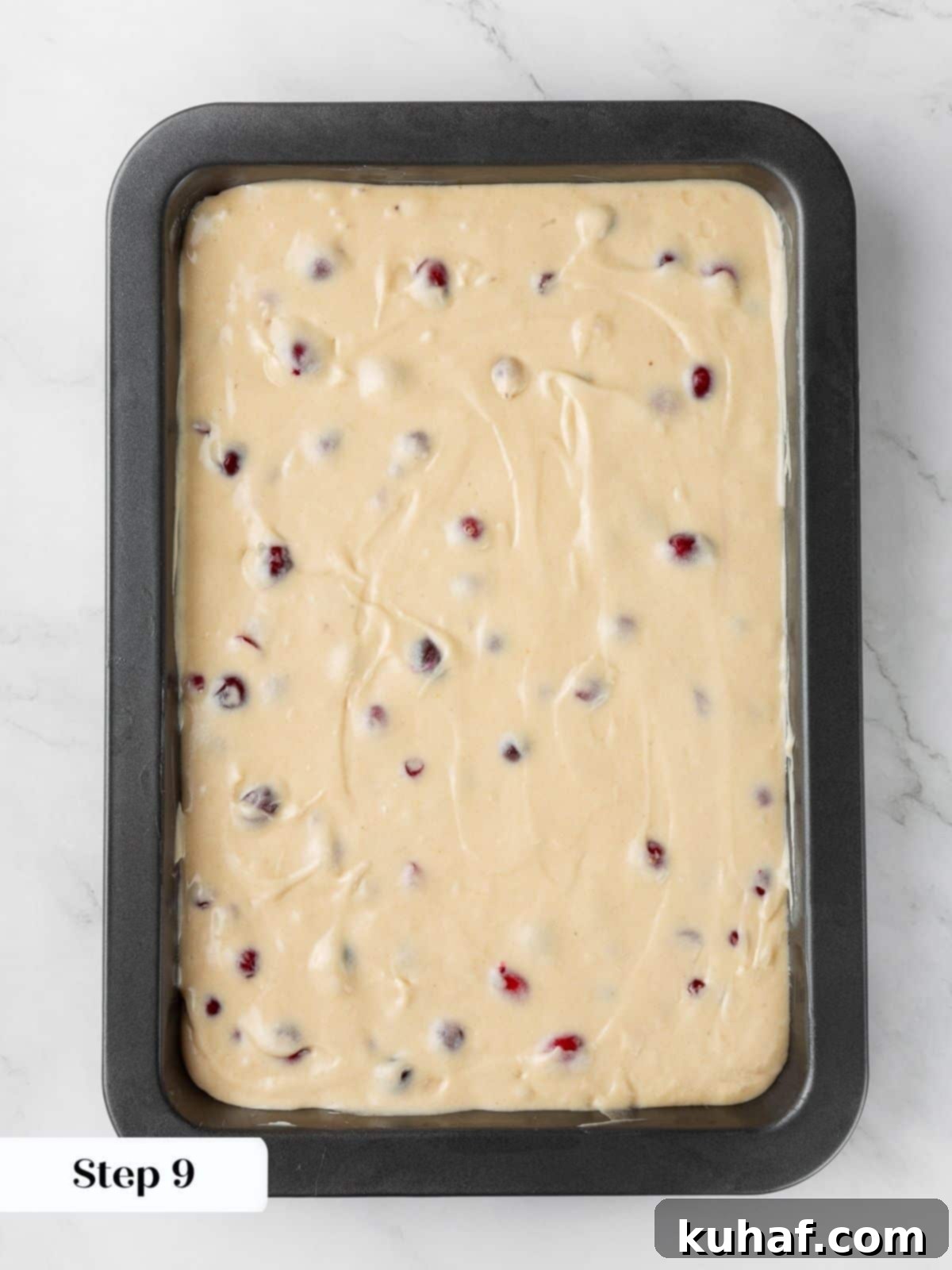 Cranberry cake batter spread evenly in baking pan before adding streusel topping.
