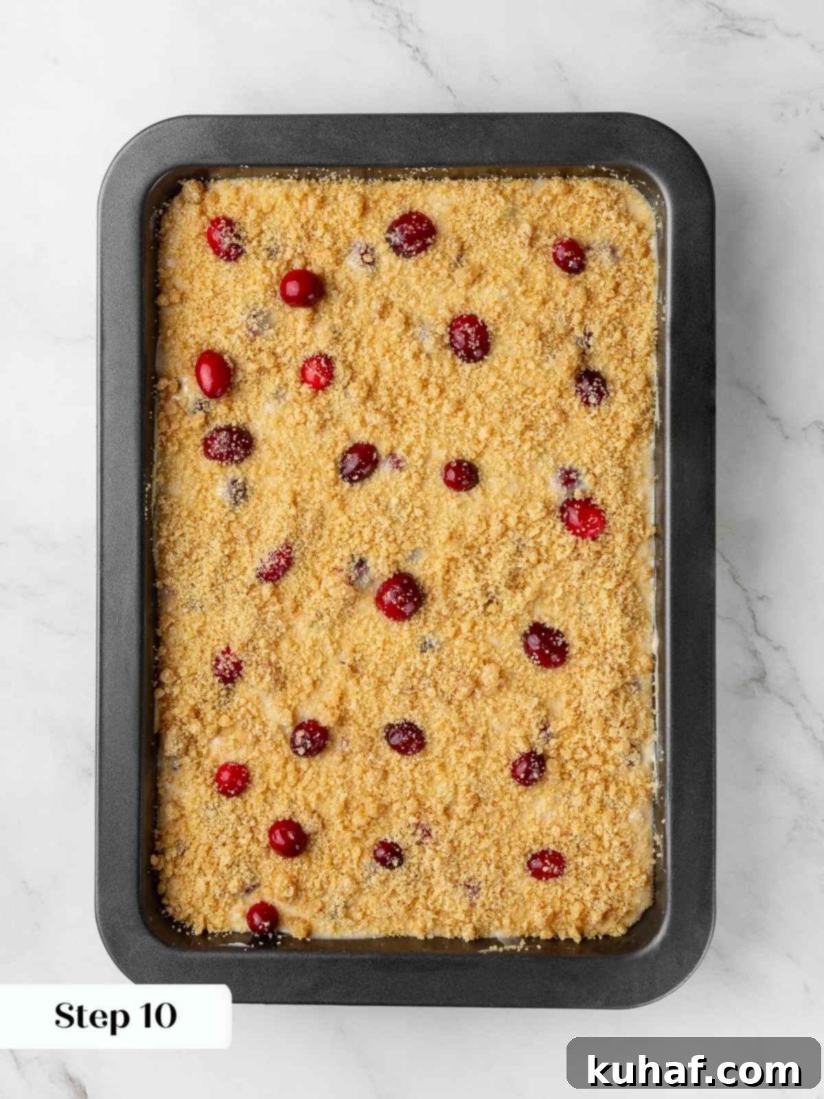 Cake batter topped with brown sugar streusel before baking, showing bright cranberries on top.