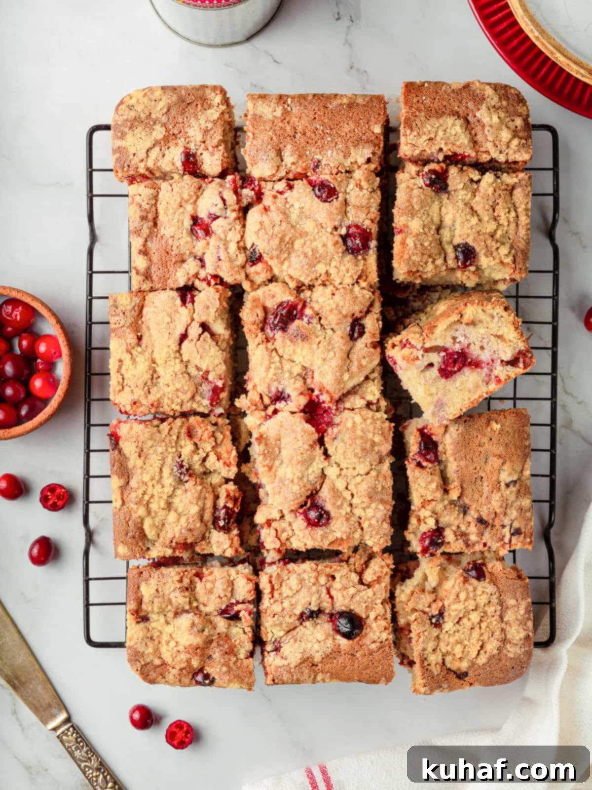 Cranberry cake sliced into neat squares revealing baked cranberries and streusel topping.