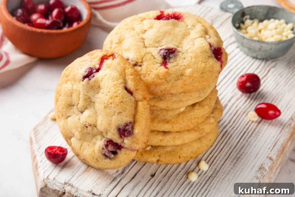 Several whole white chocolate cranberry cookies baked until golden with bits of cranberry showing through.