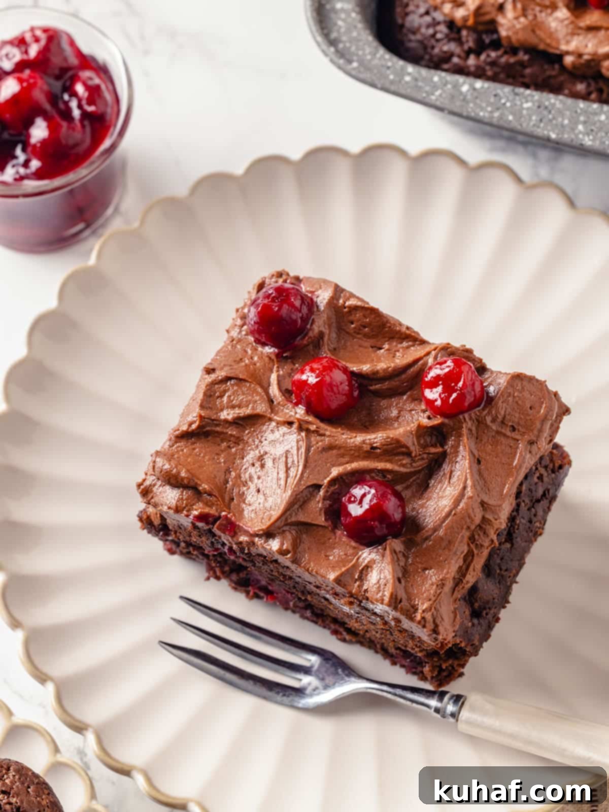 A beautifully plated slice of chocolate cherry cake.
