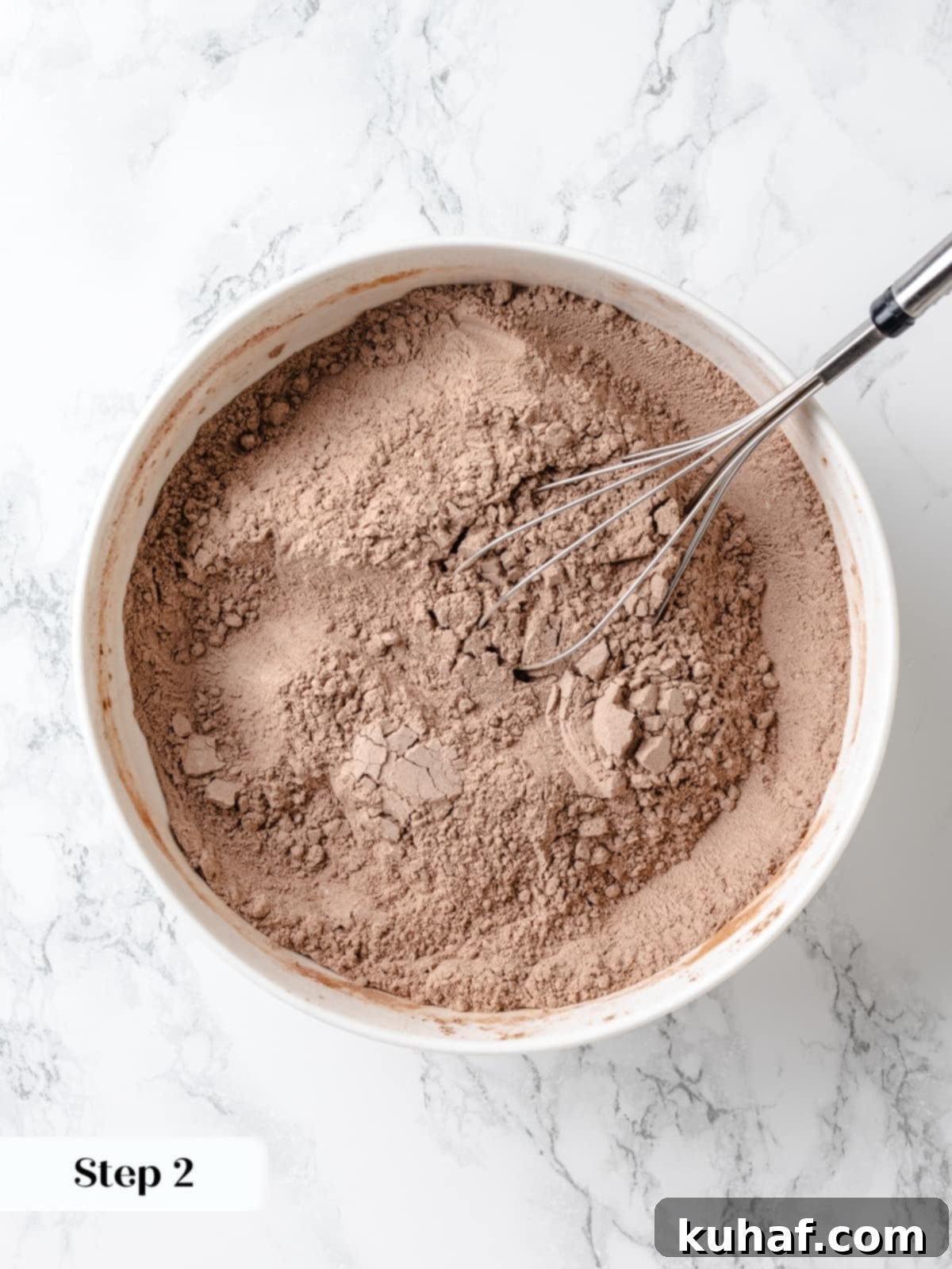 Perfectly combined dry ingredients for chocolate cherry cake.
