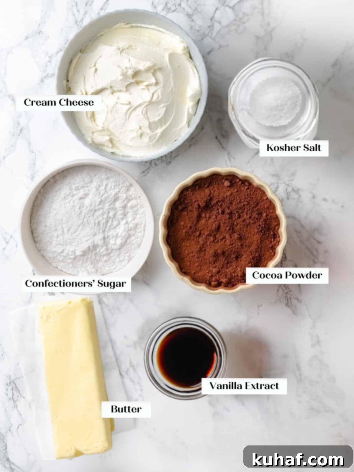 Chocolate Cream Cheese Dream Frosting 4 Baking ingredients prepared for making chocolate cream cheese frosting at home.