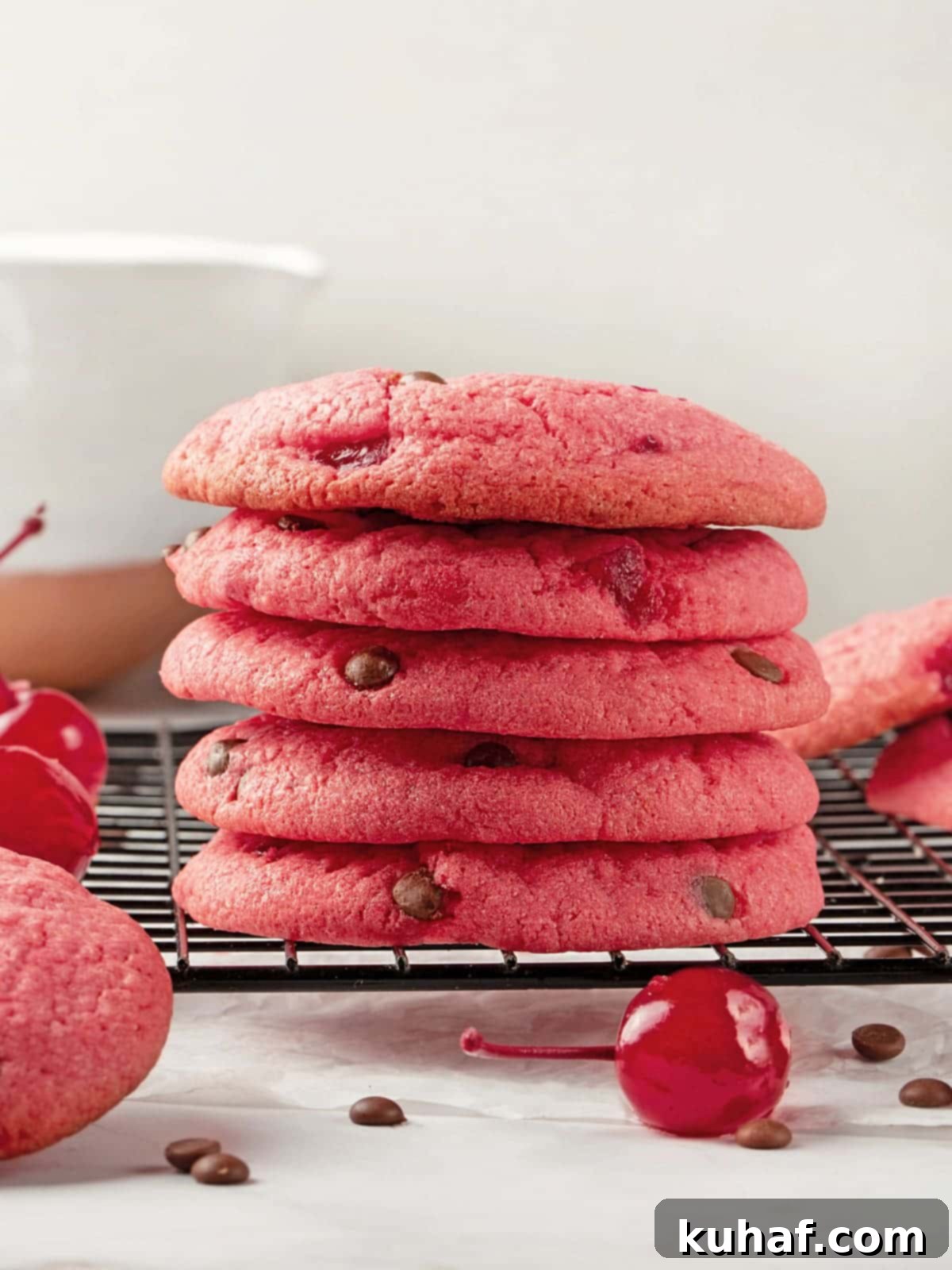 Cherry Chocolate Chunk Cookies 16 Stack of bright red cherry chocolate chip cookies with thick chewy texture.