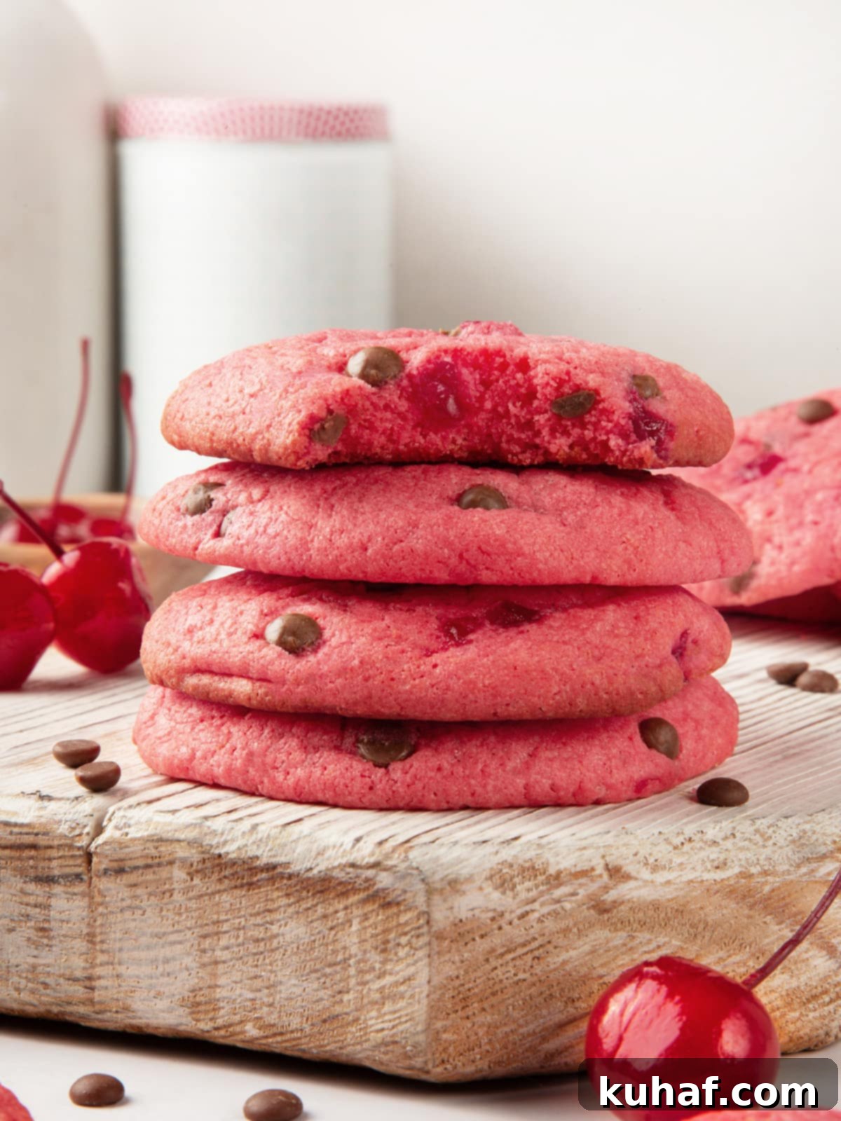 Cherry Chocolate Chunk Cookies 17 Cherry chocolate chip cookies stacked with a bitten cookie highlighting thick texture.