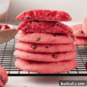 Cherry chocolate chip cookies on rack with one cookie broken open.