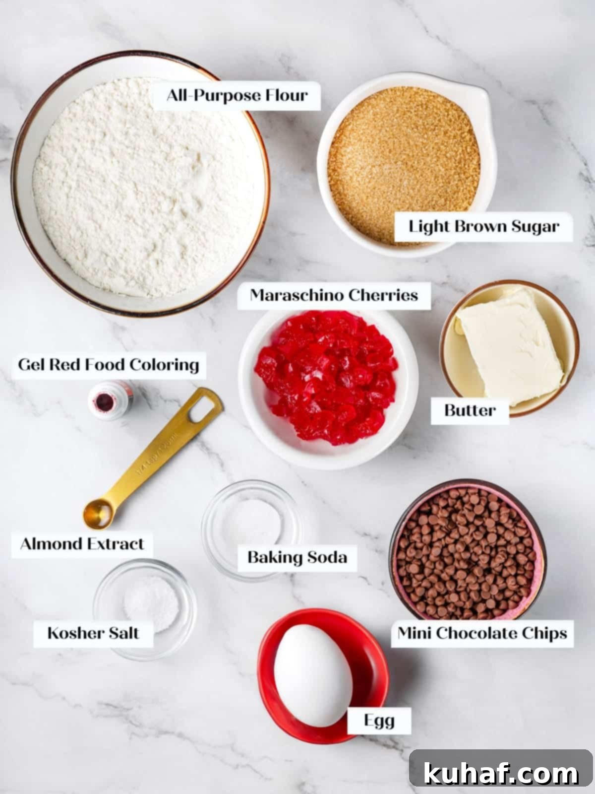 Cherry Chocolate Chunk Cookies 3 Ingredients for cherry chocolate chip cookies on kitchen countertop.