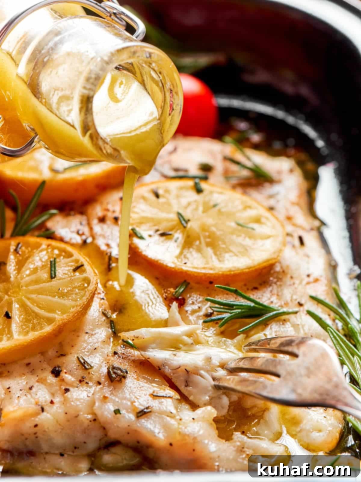 Champagne vinaigrette being poured on baked halibut