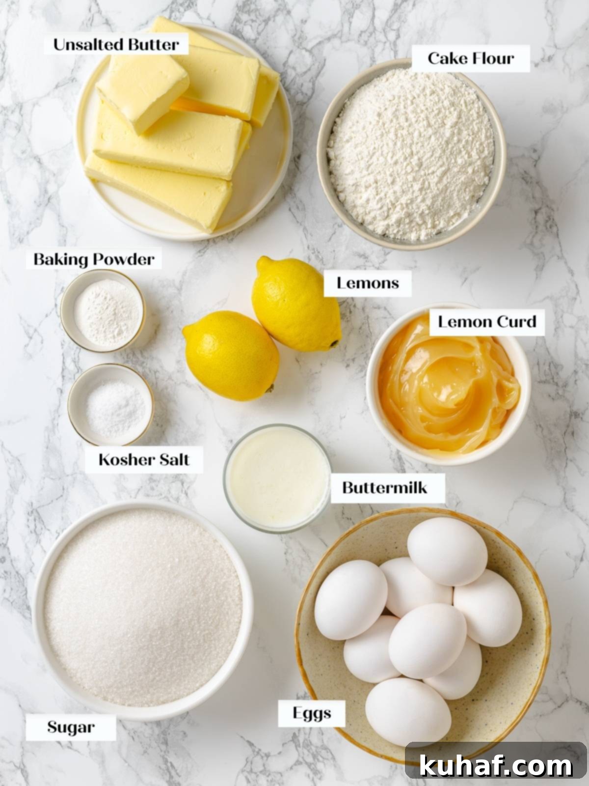 Measured lemon cake ingredients arranged neatly on a countertop before mixing begins.