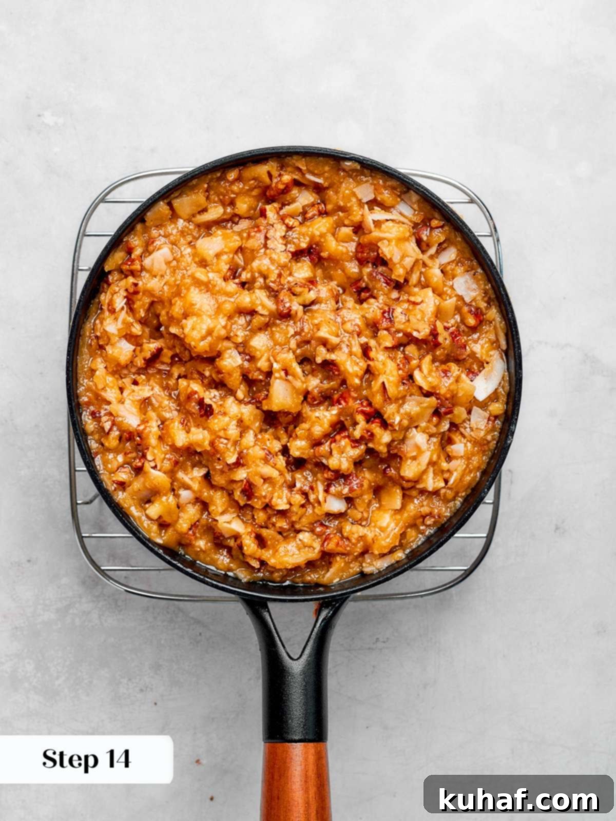 Coconut pecan topping, thickened and cooled to a spreadable consistency.