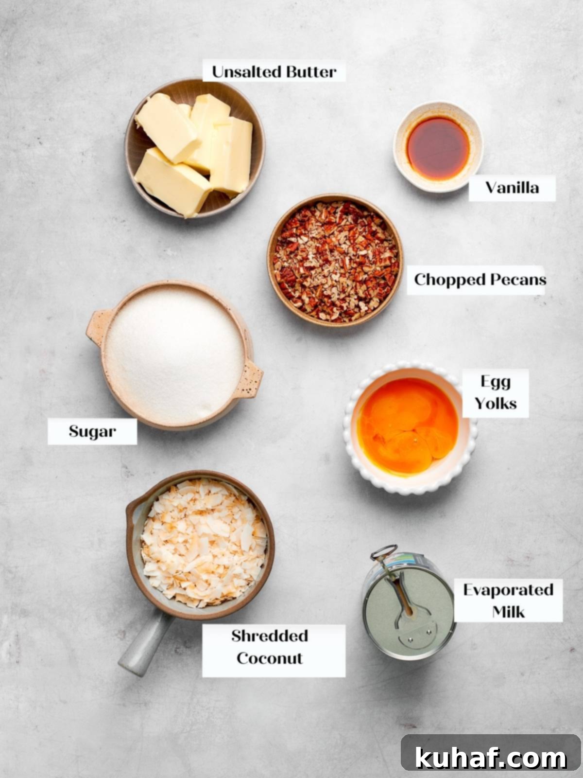 German chocolate cake topping ingredients displayed on a white countertop.