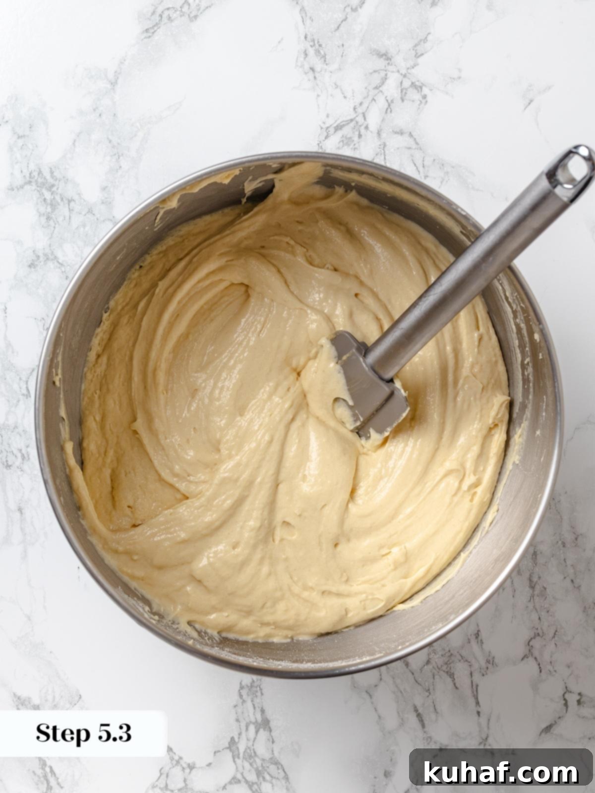 Peanut Butter Dream Cake 11 Smooth peanut butter cake batter ready for dividing into pans.