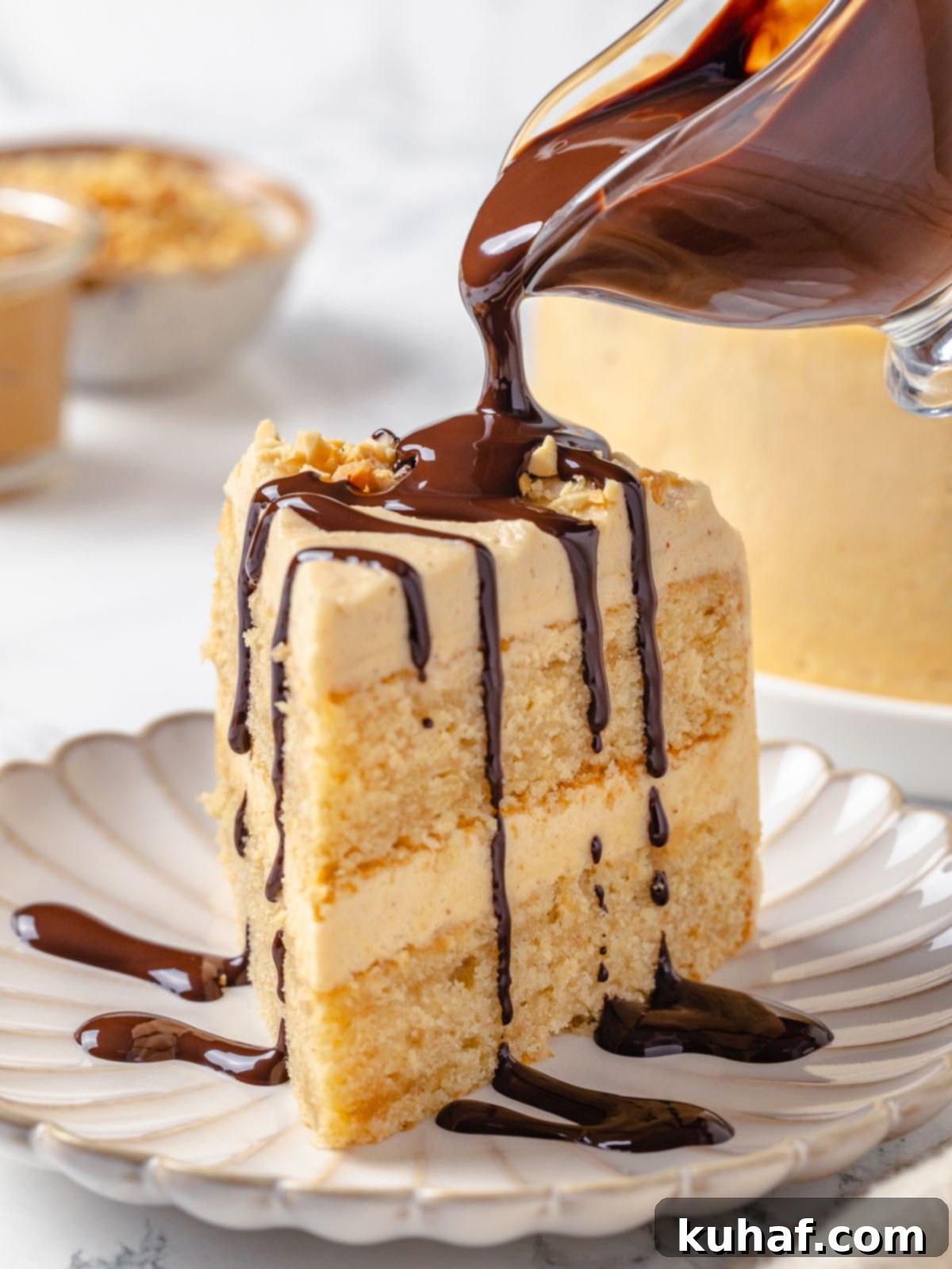 Peanut Butter Dream Cake 21 Warm chocolate fudge sauce poured over frosted peanut butter cake.