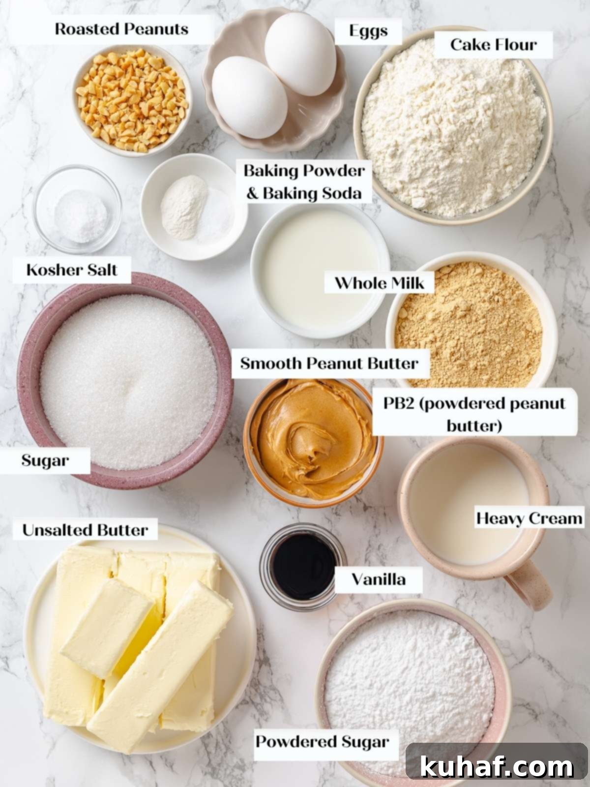 Peanut Butter Dream Cake 4 Measured cake ingredients including butter, peanut butter, flour, and sugar arranged neatly.